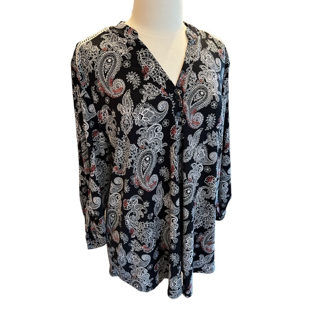 Cure Open V Neck Paisley Print Tab Sleeves High Low Rounded Hem Size 3X